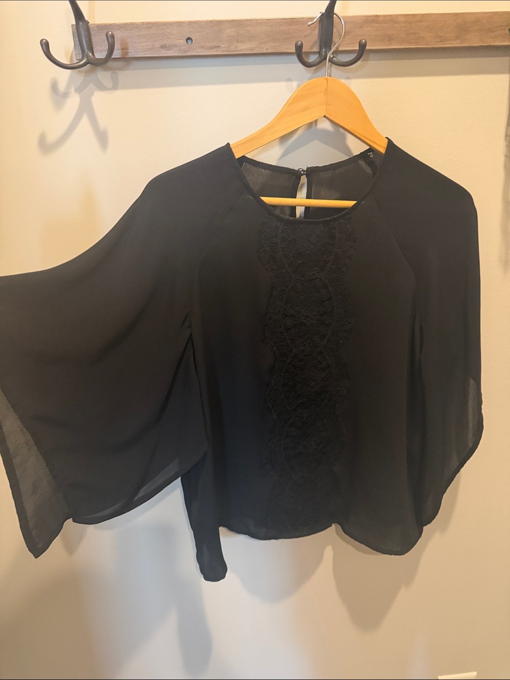 Black Lace-Front Flowing Sleeve Blouse